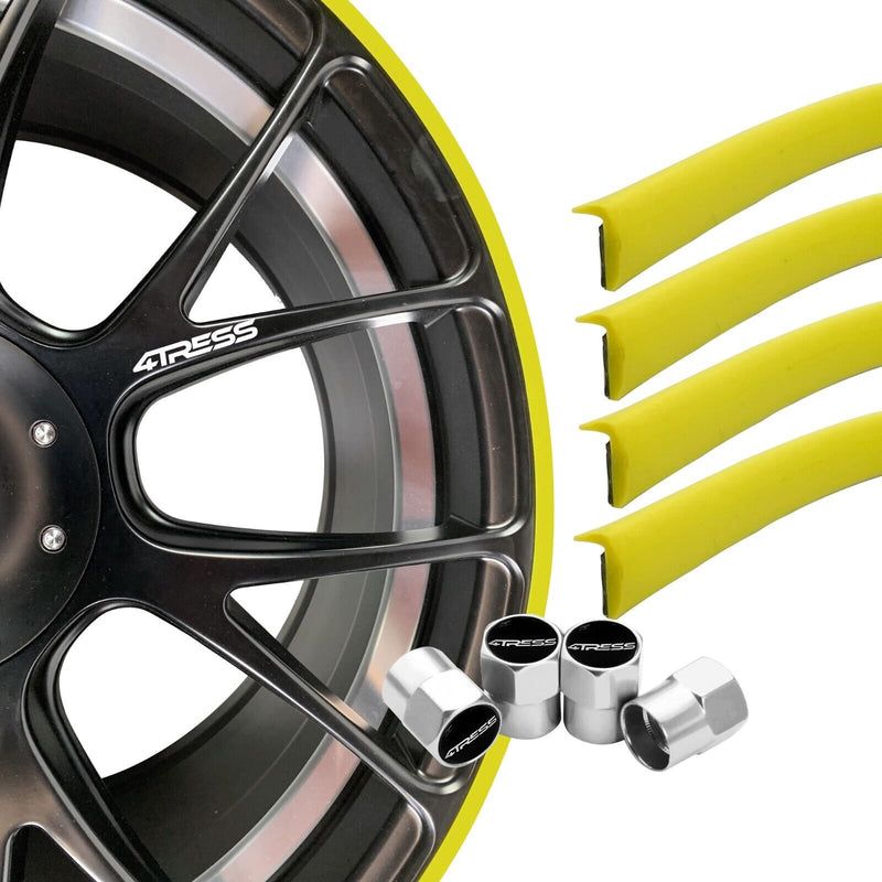 4TRESS ULTRA YELLOW Car 4x4 Alloy Wheel Rim Edge Protectors Strips+Chrome Dust Caps