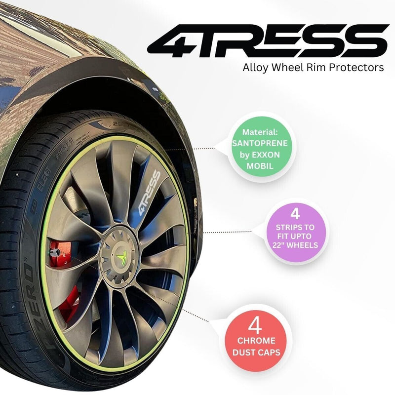 4TRESS ULTRA YELLOW Car 4x4 Alloy Wheel Rim Edge Protectors Strips+Chrome Dust Caps
