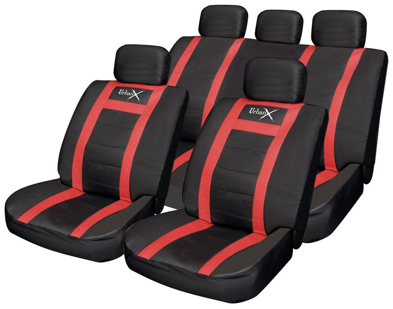 Urban X Black Red Leather Look Airbag OK Car 50-50 60-40 Split Rear Seat Covers Package Set