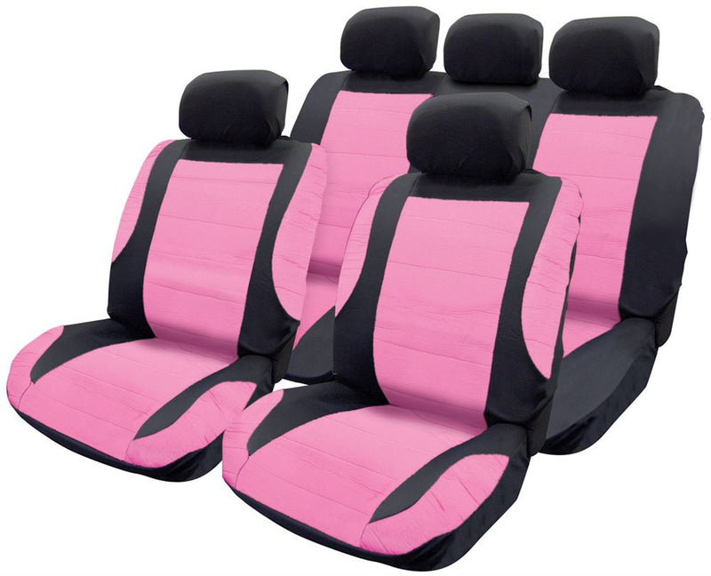 Pink Black Leather Look Car Seat Covers Steering Wheel Cover Harness Pads Set
