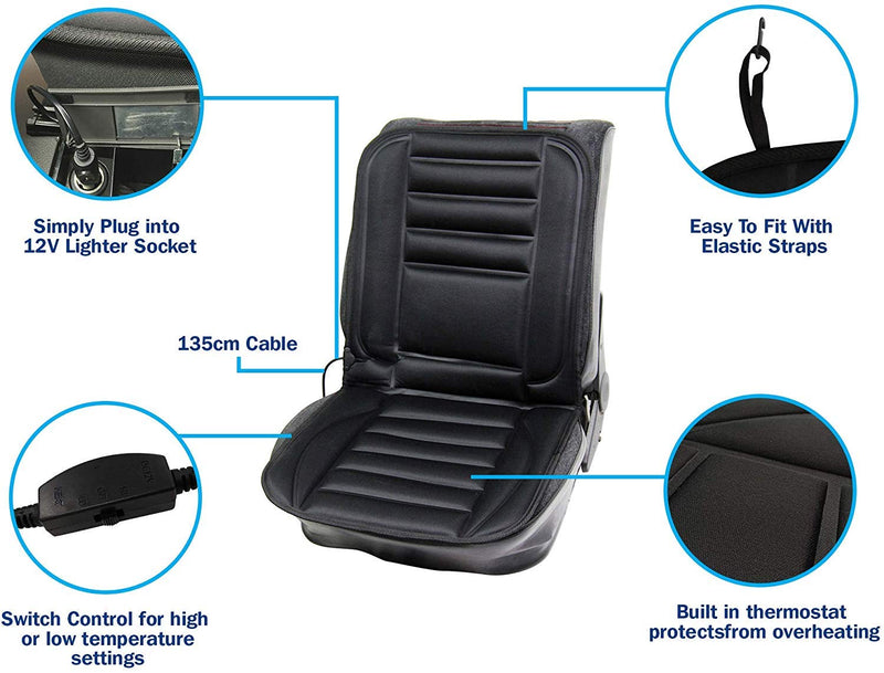 SW 12v In Car Van Plug Black Front Single Seat Cover Thermal Heated Support Cushion