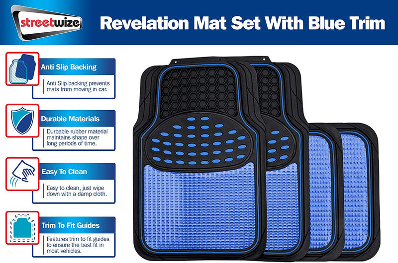 Revelation Shiny Blue Metallic Checker Effect Heavy Duty Car Black Rubber Mats Set of 4