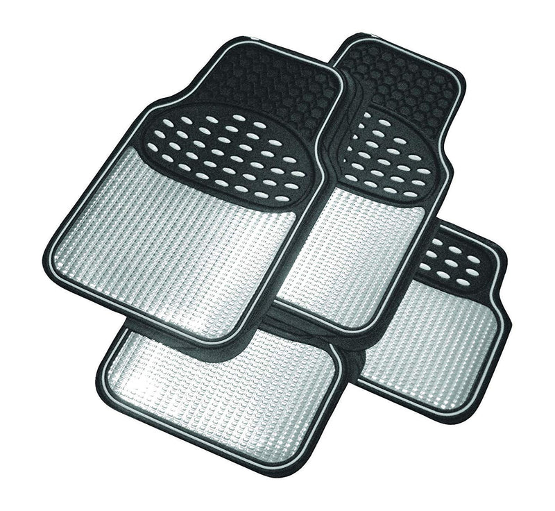 Revelation Silver Chrome Metallic Look Effect Heavy Duty Car Black Rubber Mats Set Of 4