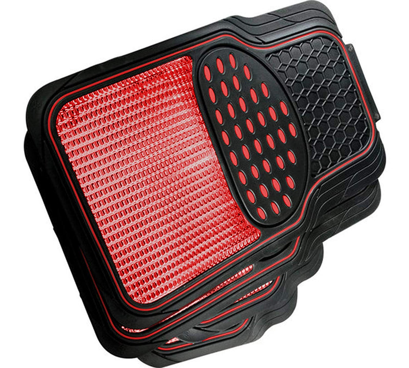 Revelation Shiny Red Metallic Checker Effect Heavy Duty Car Black Rubber Mats Set of 4