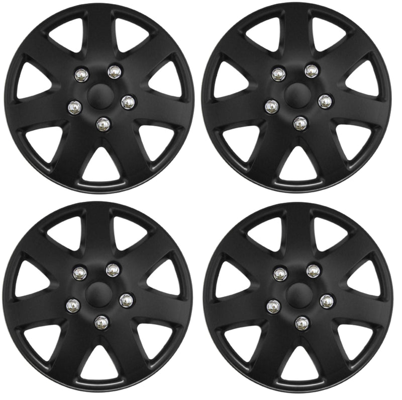 15" Matt Black Tempest 7 Spoke Car Wheel Trims Hub Caps Covers Set+Dust Caps+Ties