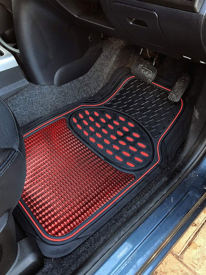 Revelation Shiny Red Metallic Checker Effect Heavy Duty Car Black Rubber Mats Set of 4