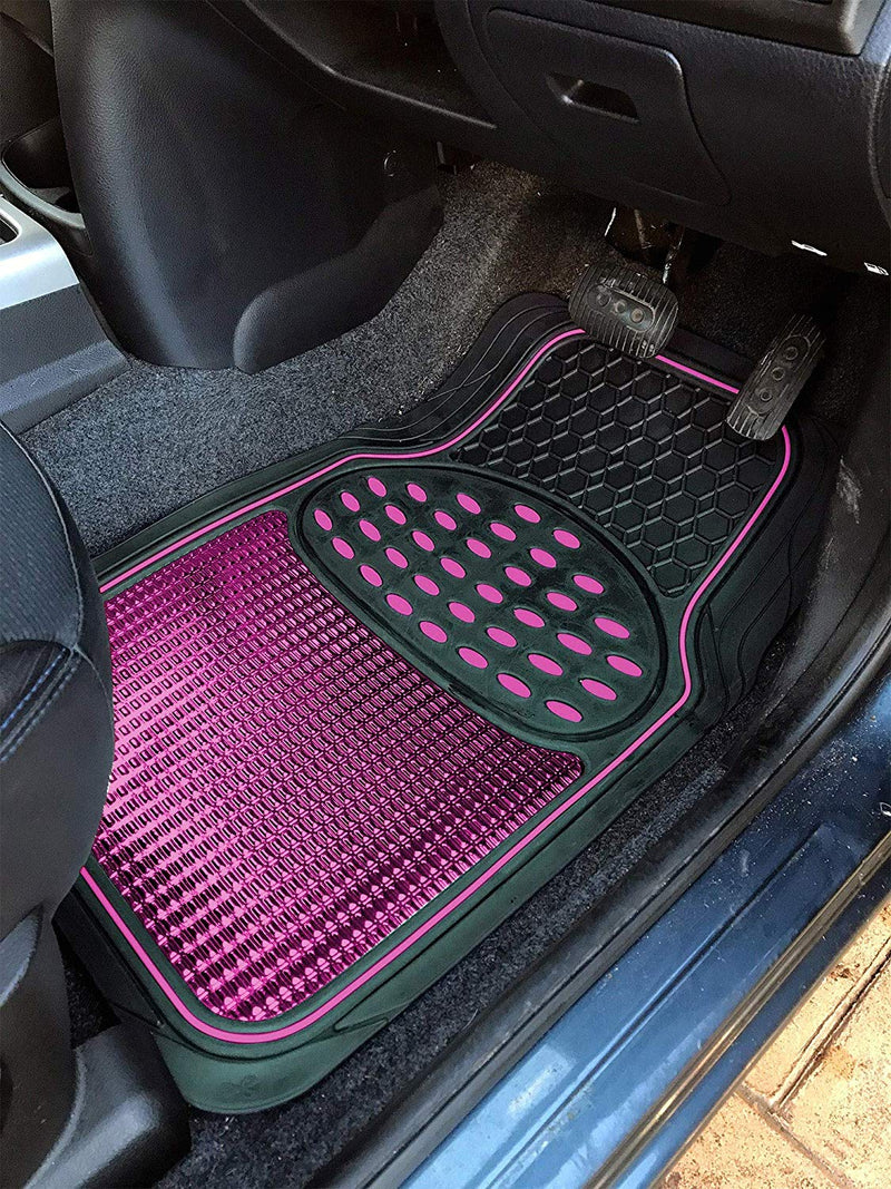 Revelation Shiny Pink Metallic Checker Effect Heavy Duty Car Black Rubber Mats Set of 4