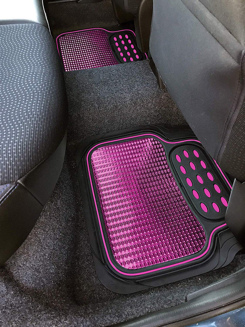 Revelation Shiny Pink Metallic Checker Effect Heavy Duty Car Black Rubber Mats Set of 4