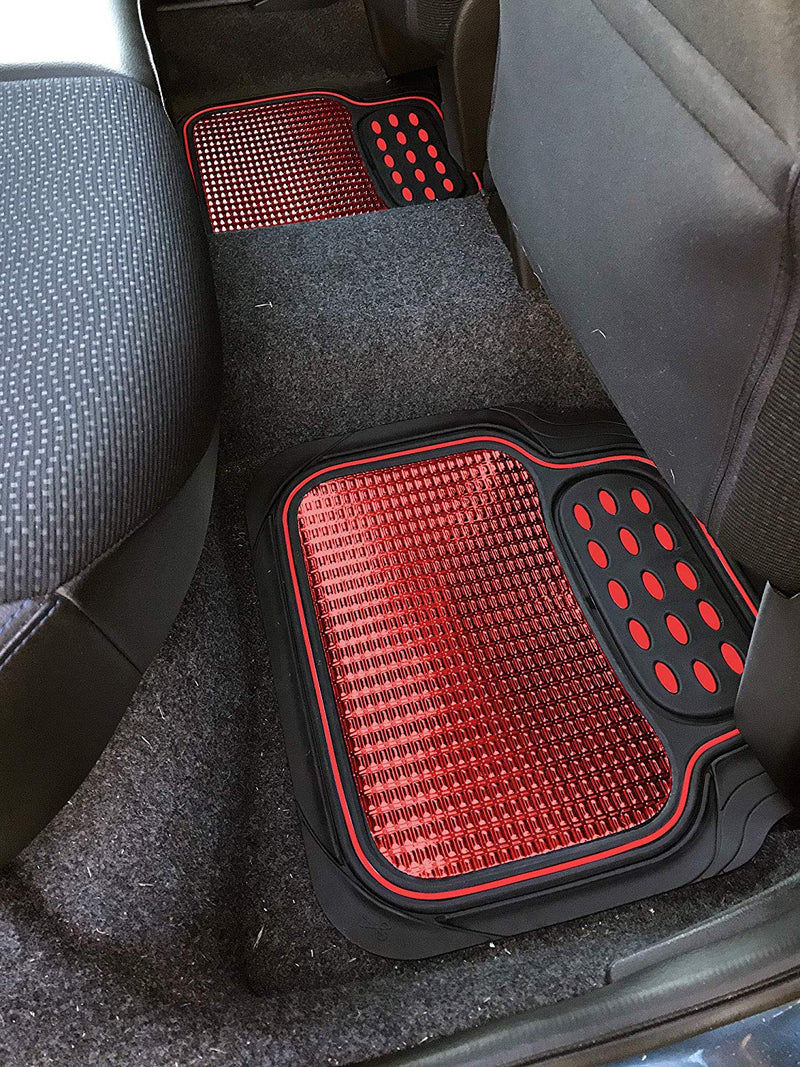 Revelation Shiny Red Metallic Checker Effect Heavy Duty Car Black Rubber Mats Set of 4