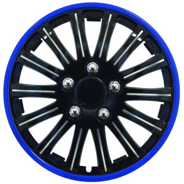 14" Gloss Black Lightning Blue Ring Car Wheel Trims Hub Caps Covers Set+Dust Caps+Ties