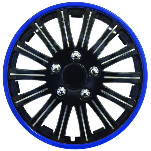 15" Gloss Black Lightning Blue Ring Car Wheel Trims Hub Caps Covers Set+Dust Caps+Ties