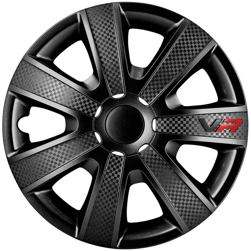 15" VR Black Carbon Fibre Look Car Wheel Trims Hub Caps Covers Set+Dust Caps+Ties