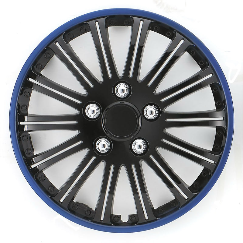 15" Gloss Black Lightning Blue Ring Car Wheel Trims Hub Caps Covers Set+Dust Caps+Ties