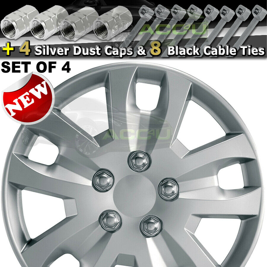 14" Silver Gyro Spyder Sports Look Car Wheel Trims Hub Caps Covers Set+Dust Caps+Ties