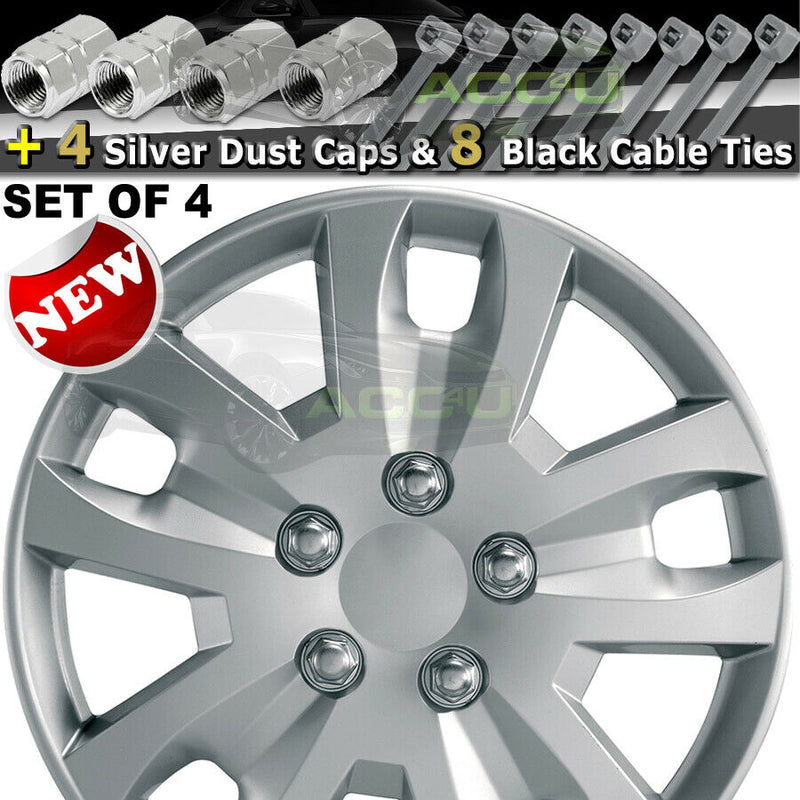 16" Silver Gyro Spyder Sports Look Car Wheel Trims Hub Caps Covers Set+Dust Caps+Ties