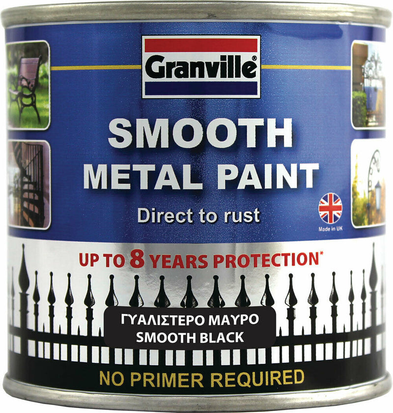 Granville Smooth Black Finish Direct To Rust Metal Brush On Paint Tin +Caps