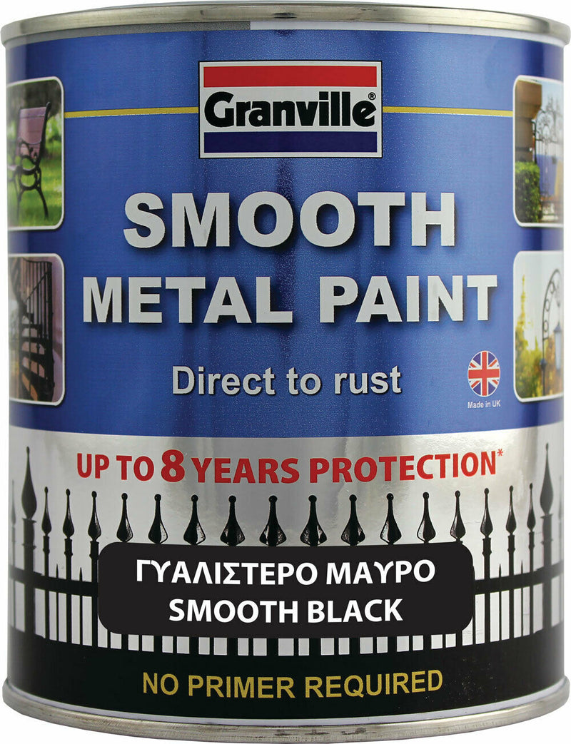 Granville Smooth Black Finish Direct To Rust Metal Brush On Paint Tin +Caps