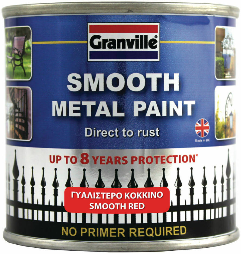 Granville Smooth Red Finish Direct To Rust Metal Brush On Paint Tin +Caps