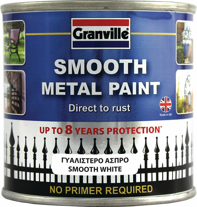 Granville Smooth White Finish Direct To Rust Metal Brush On Paint Tin +Caps