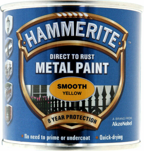 Hammerite Smooth YELLOW Finish Direct To Rust Quick Drying Metal Paint 250ml Tin