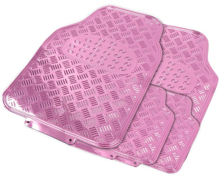 Shiny Pink Chrome Look Checker Style Effect Car Rubber Floor Mats Set Of 4