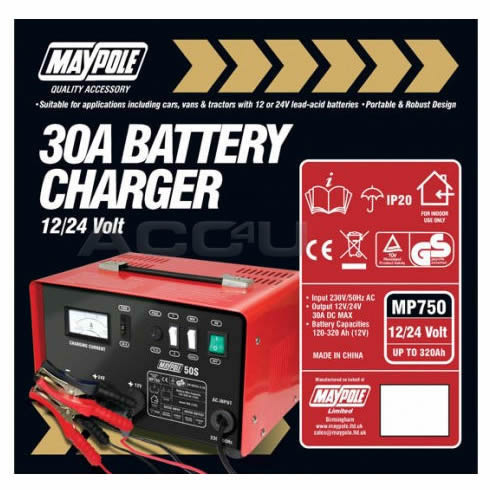 Maypole MP750 12v 24v 30A 120Ah to 320Ah Metal Case Car Leisure Battery Charger
