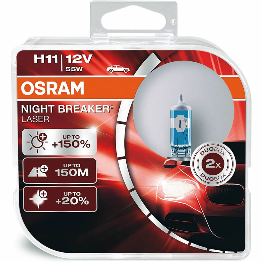 Osram Night Breaker Laser 12v H11 Car 150% Brighter Upgrade Headlight Bulbs Set