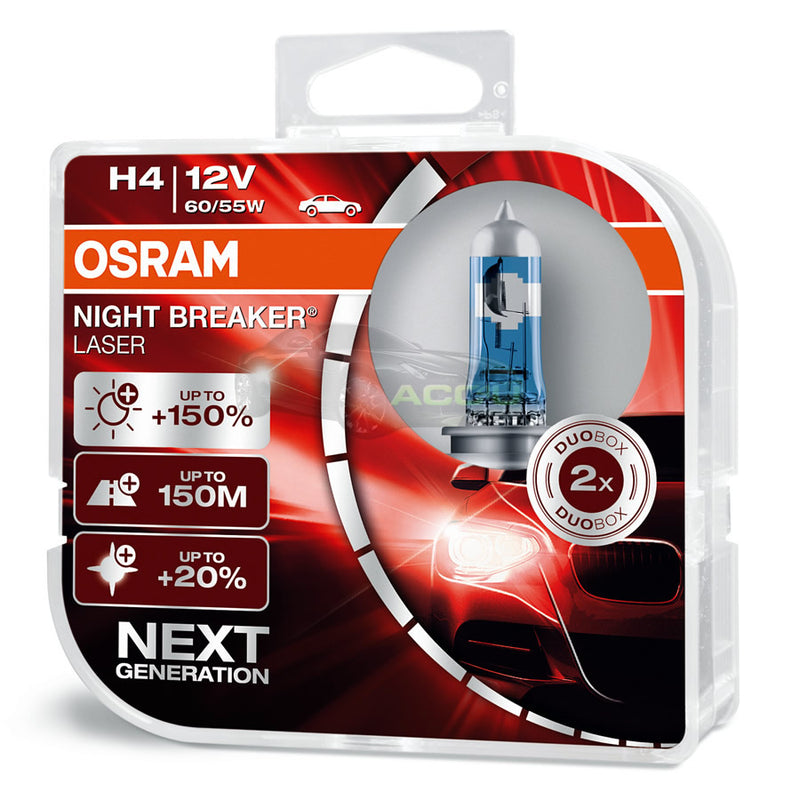 Osram Night Breaker Laser 12v H4 Car 150% Brighter Upgrade Headlight Bulbs Set