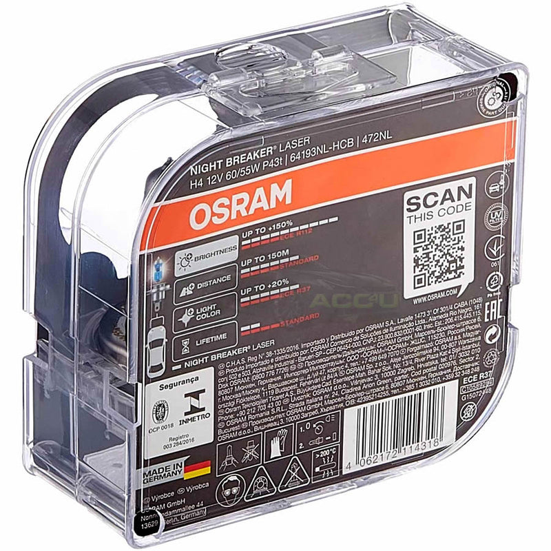 Osram Night Breaker Laser 12v H4 Car 150% Brighter Upgrade Headlight Bulbs Set