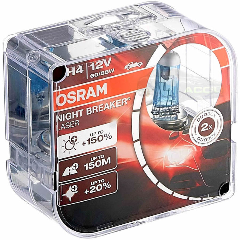 Osram Night Breaker Laser 12v H4 Car 150% Brighter Upgrade Headlight Bulbs Set