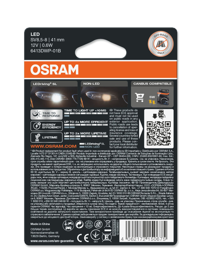 Osram LEDriving SL 12v Car SV8.5-8 S8.5d 41mm Festoon Interior White LED Bulb