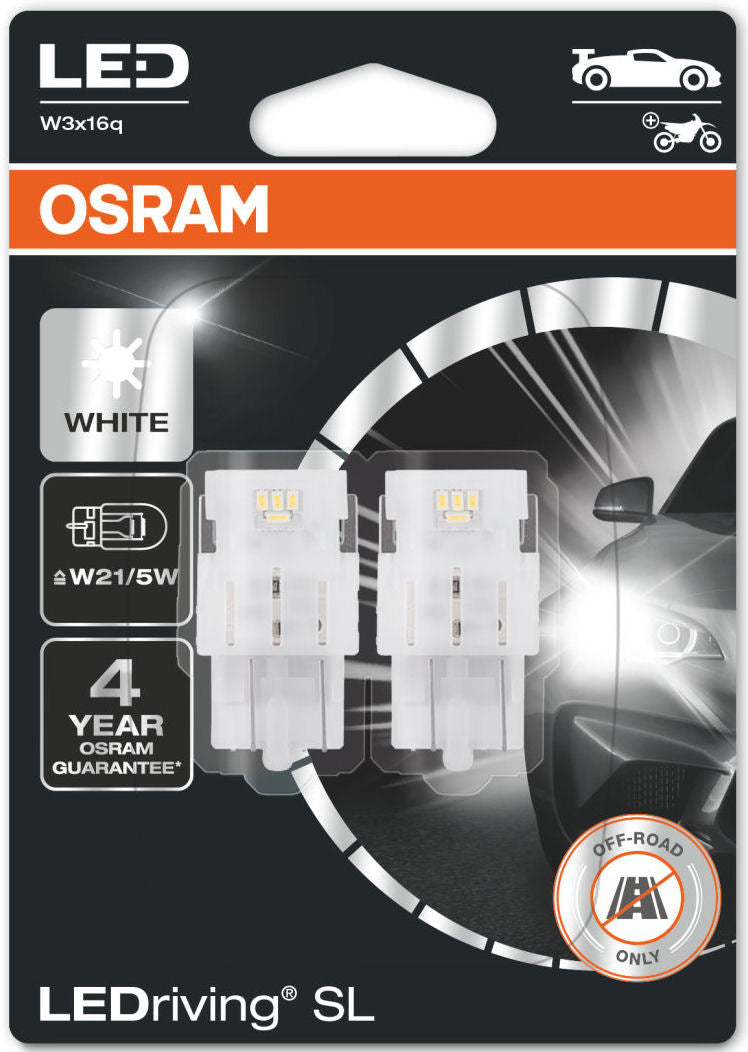 Osram SL 12v Car W21/5W 580 Wedge Brake DRL Side Light White LED Bulbs