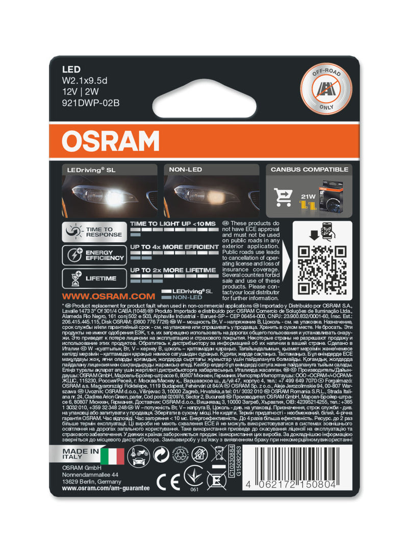 Osram LEDriving SL 12v Car W16W 921 T15 Stop Tail Light Lamp White LED Bulbs Set