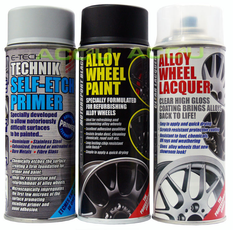 E-Tech BLACK Car Alloy Wheel Spray Paint+Clear Lacquer+Self Etch Primer Package