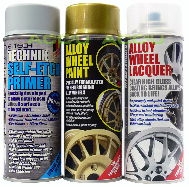 E-Tech GOLD Car Alloy Wheel Spray Paint+Clear Lacquer+Self Etch Primer Package