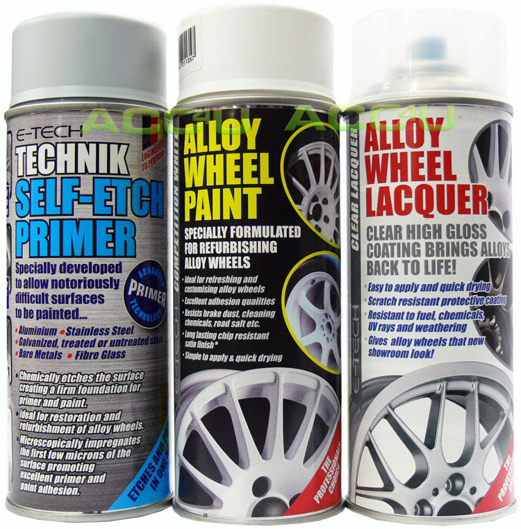 E-Tech WHITE Car Alloy Wheel Spray Paint+Clear Lacquer+Self Etch Primer Package