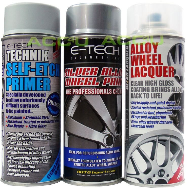 E-Tech SILVER Car Alloy Wheel Spray Paint+Clear Lacquer+Self Etch Primer Package
