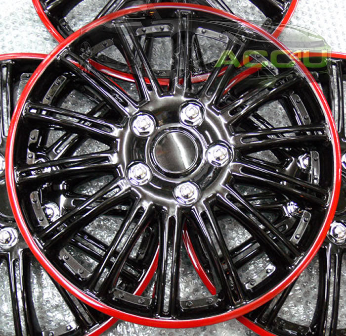 13" Gloss Black Lightning Red Ring Car Wheel Trims Hub Caps Covers Set+Dust Caps+Ties
