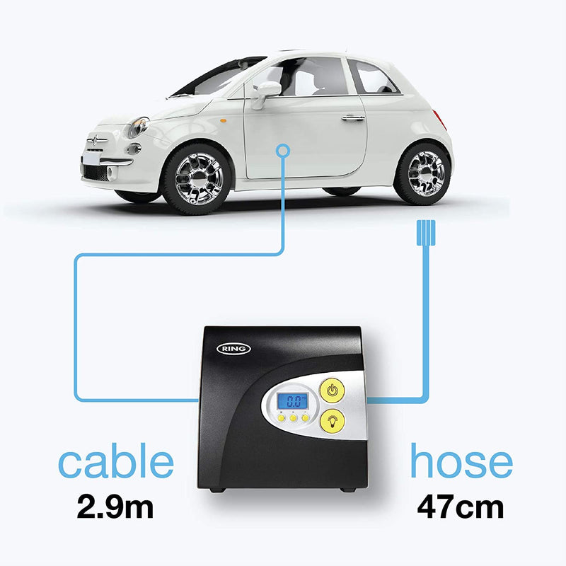 Ring RAC601 12v Preset Digital Auto Stop Car Tyre Air Compressor Inflator Pump