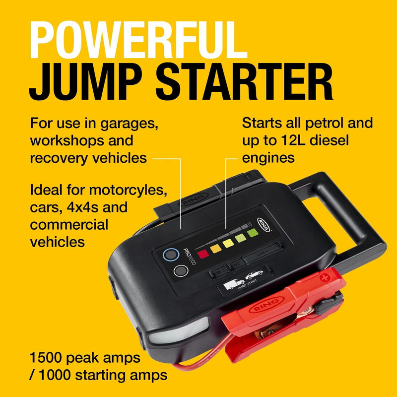 Ring 12v 1000A 10L Car Van Portable Lithium Battery Jump Starter Booster Power Bank +Caps
