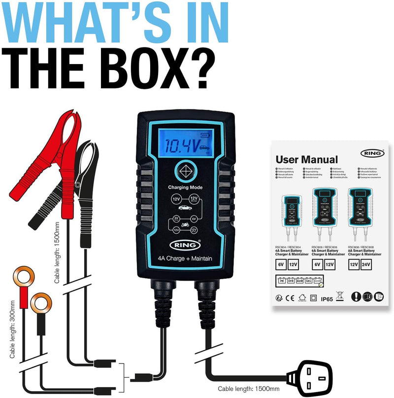 Ring RSC804 6v 12v 4A Start/Stop Car Van Bike Smart Battery Charger & Maintainer +Caps