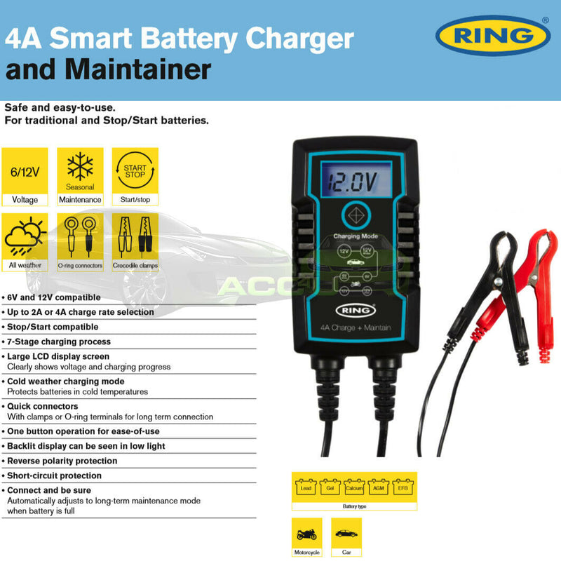 Ring RSC804 6v 12v 4A Start/Stop Car Van Bike Smart Battery Charger & Maintainer +Caps