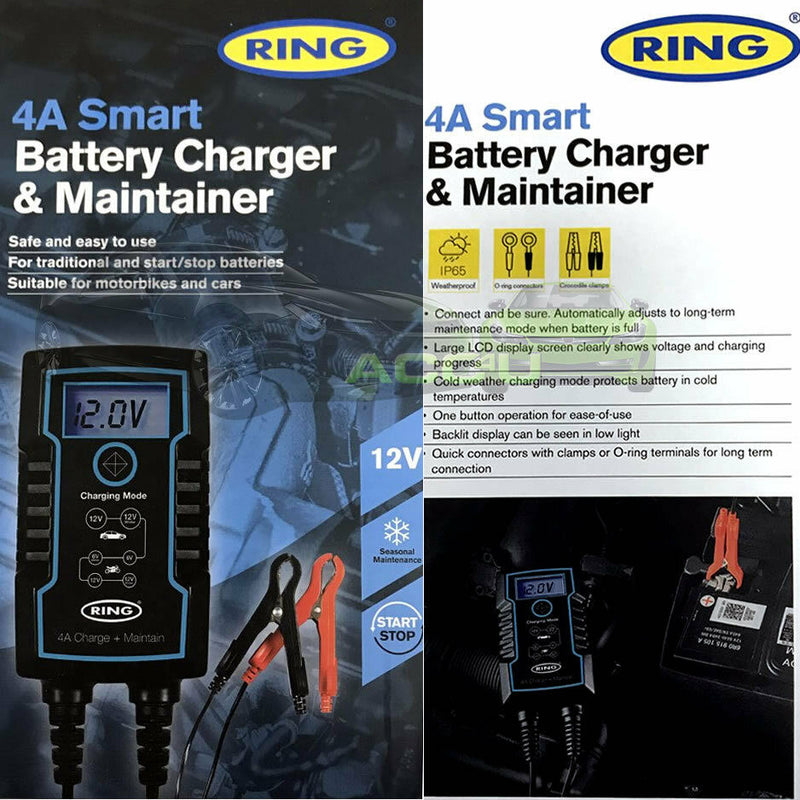 Ring RSC804 6v 12v 4A Start/Stop Car Van Bike Smart Battery Charger & Maintainer +Caps