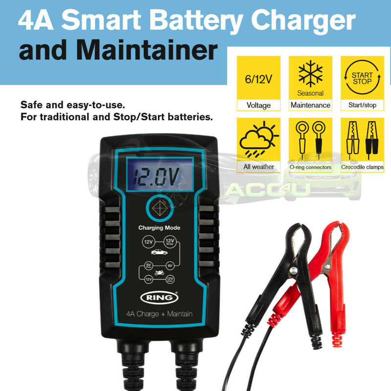 Ring RSC804 6v 12v 4A Start/Stop Car Van Bike Smart Battery Charger & Maintainer +Caps