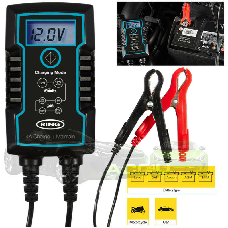 Ring RSC804 6v 12v 4A Start/Stop Car Van Bike Smart Battery Charger & Maintainer +Caps