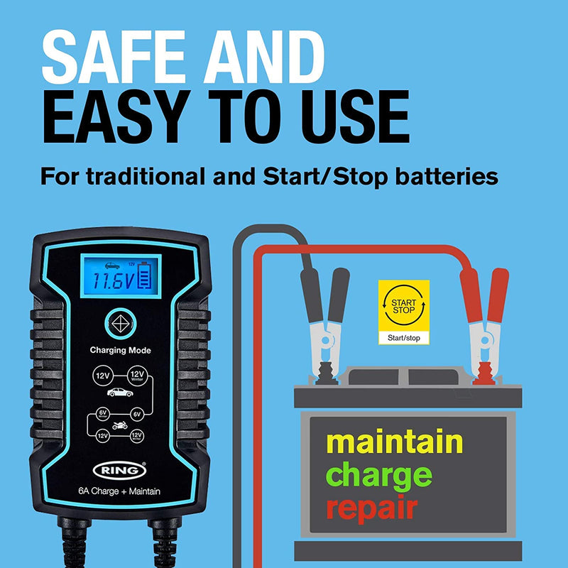 Ring RSC806 6v 12v 6A Start/Stop Car 4x4 Bike Smart Battery Charger & Maintainer +Caps