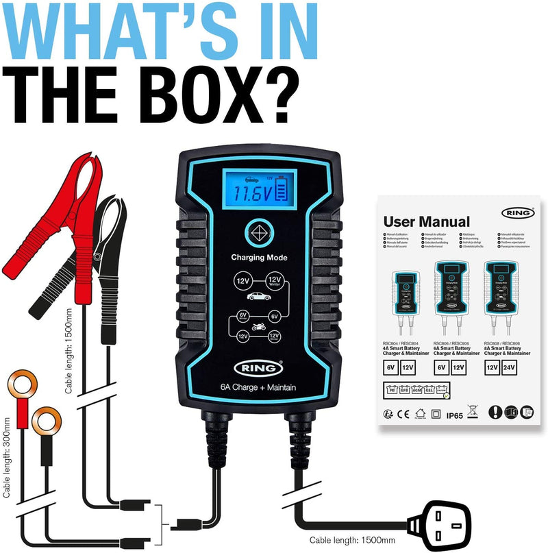 Ring RSC806 6v 12v 6A Start/Stop Car 4x4 Bike Smart Battery Charger & Maintainer +Caps