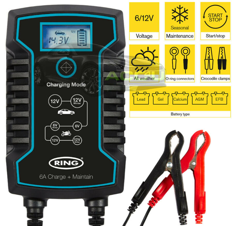 Ring RSC806 6v 12v 6A Start/Stop Car 4x4 Bike Smart Battery Charger & Maintainer +Caps