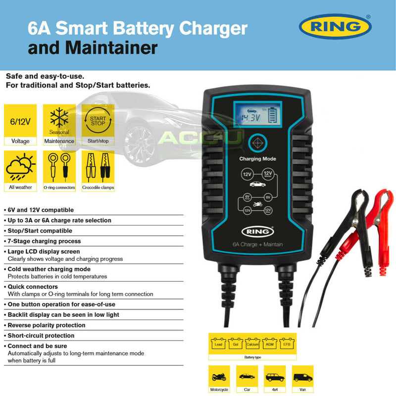 Ring RSC806 6v 12v 6A Start/Stop Car 4x4 Bike Smart Battery Charger & Maintainer +Caps