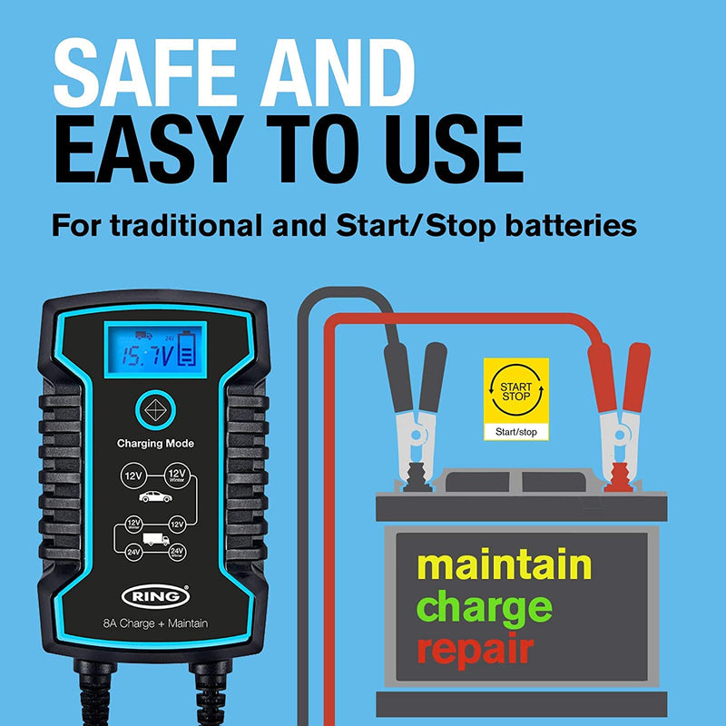 Ring RSC808 12v 24v 8A Start/Stop Car Van Truck Smart Battery Charger & Maintainer +Caps